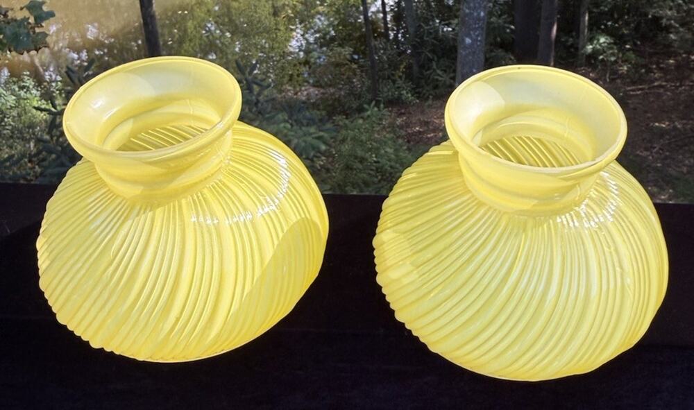 2 1920’s Antique Yellow Ribbed Swirl Student Oil Kerosene Lamp Shades Rare!